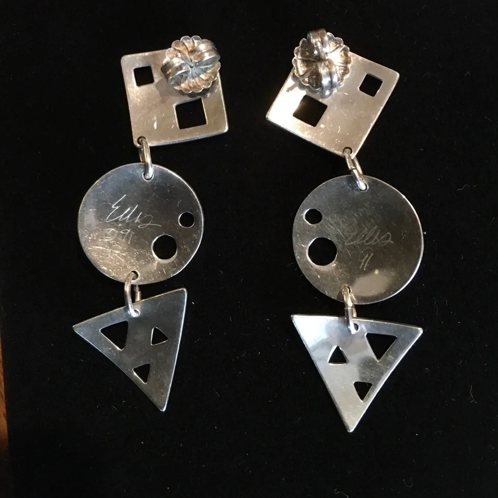 Vintage 90’s Artisan Crafted/Signed Sterling Silver Geo Drop Earrings - M. Ellis